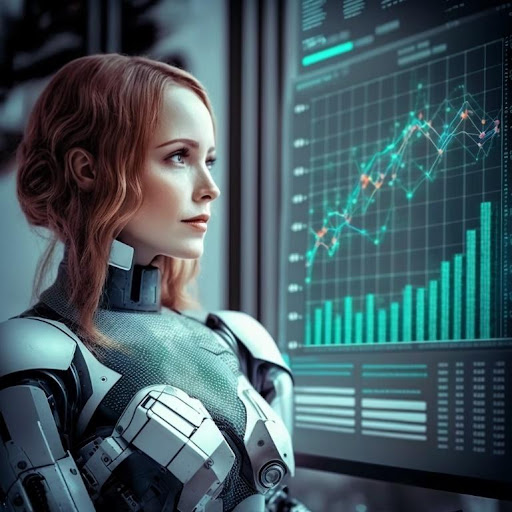 AI vygenerovaný obrázek humanoidní robotky u velké obrazovky s grafy