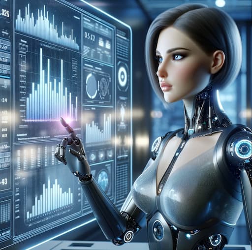 Humanoidní robot s ženskými rysy sledující obrazovku s grafy, obrázek vygenerovaný AI