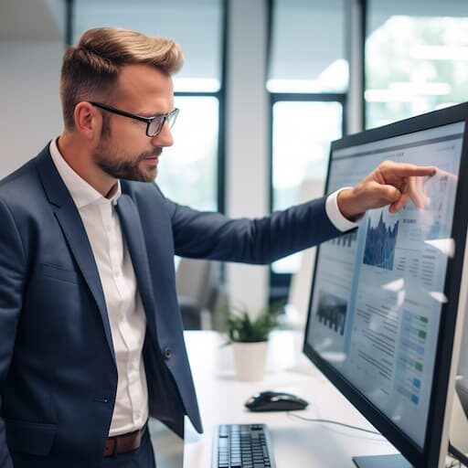 Muž v kanceláři pracující u počítače s velkým dotykovým displejem, obrázek vygenerovaný AI