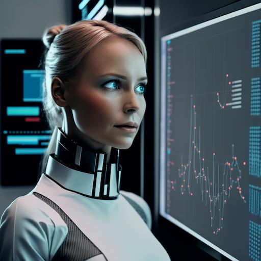 Ženský humanoidní robot sledující displej s grafy, obrázek vygenerovaný AI